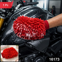 A red microfiber chenille wash glove with suds on a black motorcycle tank, with a smaller inset image of the glove. (1 Pc)