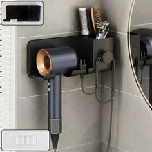 Wall mounted hair dryer holder with shelf and hook for bathroom organization