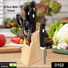 Wooden block knife set with sharp tempered steel blades in black handles