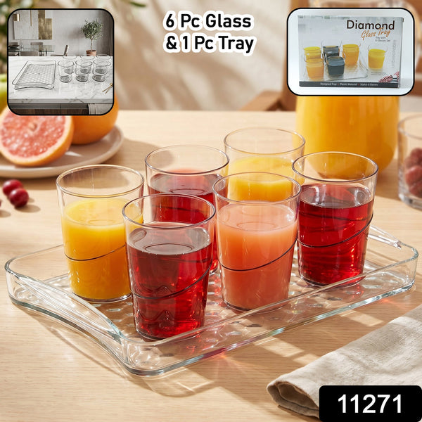 Elegant transparent glasses with serving tray for beverages