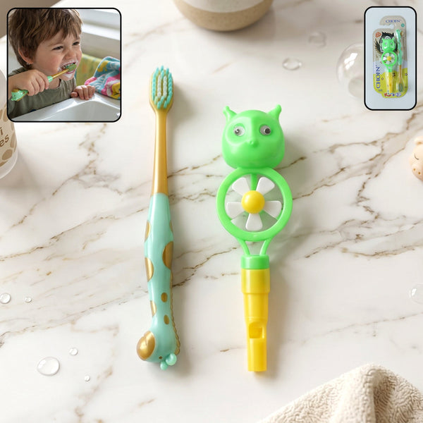 Kids toothbrush set showing colorful animal whistle toys and toothbrushes