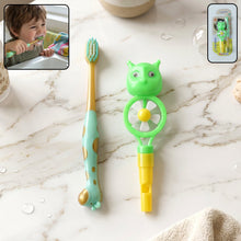 Kids toothbrush set showing colorful animal whistle toys and toothbrushes