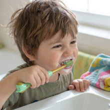 Manual kids toothbrush with attached toy whistle encouraging enjoyable brushing