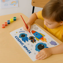 Coloring sheets showing planets and stars included in kids cosmic space painting kit
