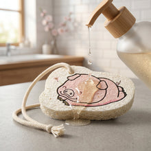 Playful cartoon design on a bath scrubber sponge, perfect for fun bath time.