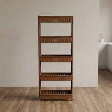 Close-up of multi-tier storage rack with wheels