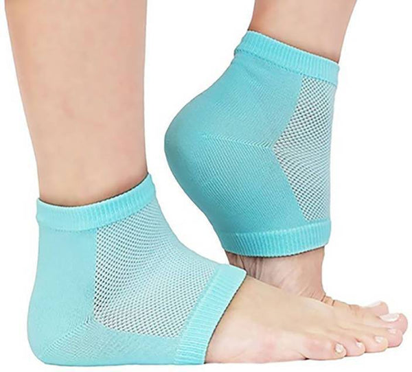 Multicolor silicone heel socks for pain relief.