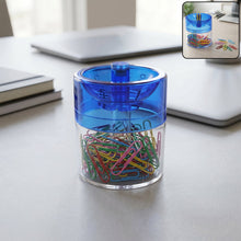 Magnetic pin and paper clip desk dispenser with rotating lid for organized workspace
