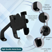 Mobile phone held securely in the metal bike phone holder on a rear view mirror, ready for a ride.