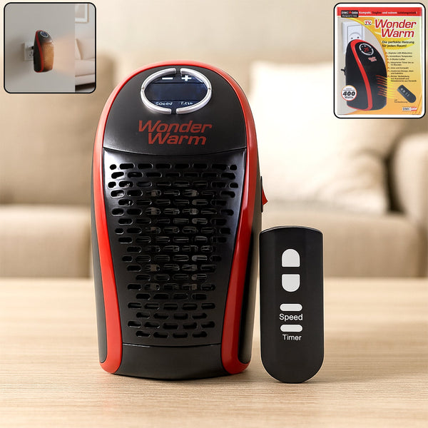 Black and red Wonder Warm heater with remote control, showing the product in use and its packaging.