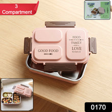 Opened 3-compartment stainless steel lunch box containing fresh separate meals