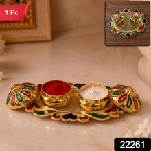 Golden enamel kankavati holder for kumkum, haldi and roli