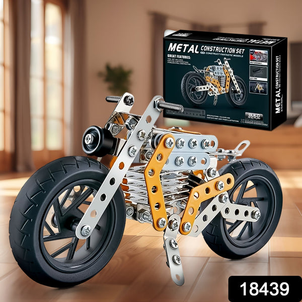Detailed view of metal building blocks and tools included in the DIY bike kit.