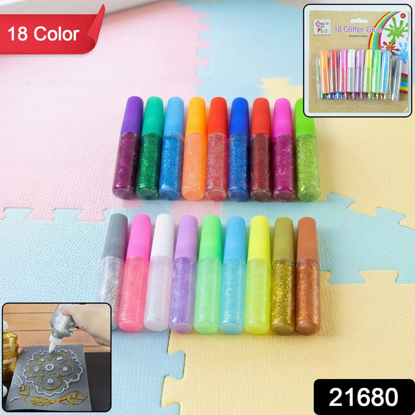 Eighteen glitter glue pens in two rows on a colorful mat, with product packaging shown in the top right corner.