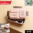 Opened 3-compartment stainless steel lunch box containing fresh separate meals