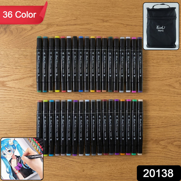 A top-down view of 36 black dual-tip markers with colorful caps, arranged in two rows on a wooden table, with a black