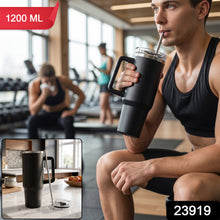 Black stainless steel tumbler with carry handle and straw