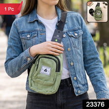 A woman in a denim jacket wears a green canvas sling bag across her chest, with a small inset showing the bag.