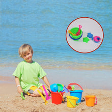 Full view of the 6-piece beach sand castle toy set laid out.