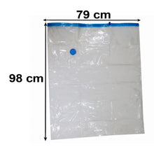 A clear vacuum storage bag with blue trim and a blue valve, showing dimensions of 79 cm by 98 cm.