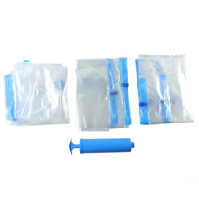 Three clear vacuum storage bags with blue accents and a blue hand pump are displayed against a white background.