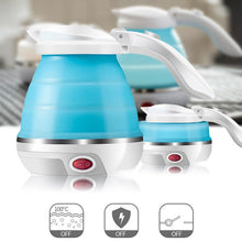 Two blue and white foldable electric kettles, one expanded and one collapsed, with three icons below representing features.