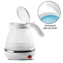 Collapsible travel electric kettle in a vibrant blue and white color.